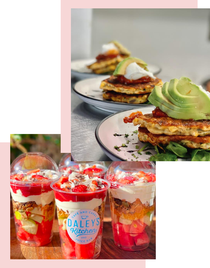 Corn fritters on a bed of baby spinach, topped with poached egg, relish and fresh avocado or muesli cup with fresh fruit salad, natural yoghurt topped with strawberries.